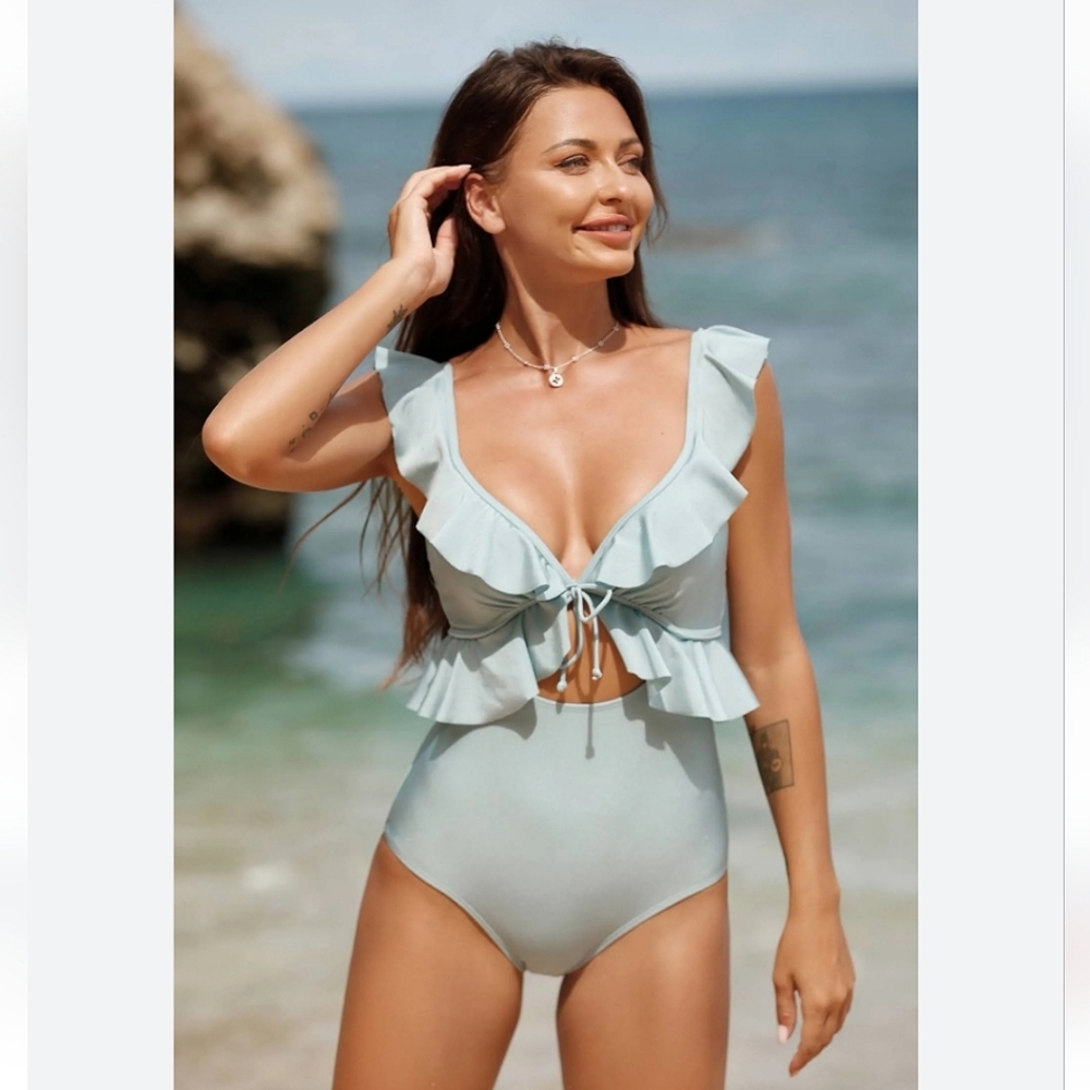 Cupshe 1-Piece Swimsuit Ruffled Tie-Front Seafoam Blue Shimmer Sz L NWT Coquette
